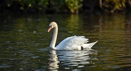 Obraz premium Sleek white swan gliding tenderly across tranquil river flow