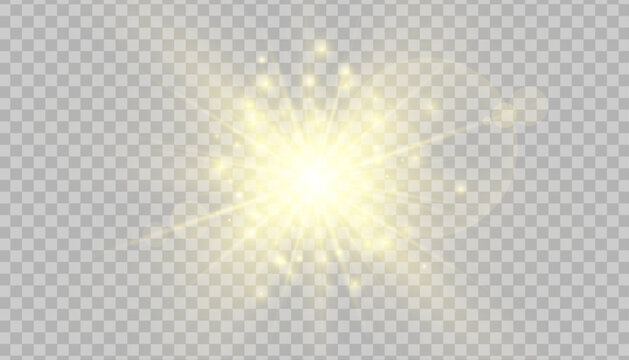 Bright light illustration on light background. Central shining star with sharp and fluffy rays, glittering dust particles, light flashes and glowing effects in pale yellow and light golden tones.