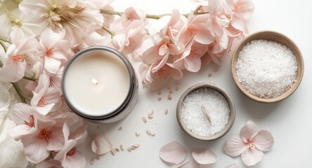 Naklejka na ściany i meble Flat lay top view of spa arrangement with pink flowers grey candle and sea salt on white background