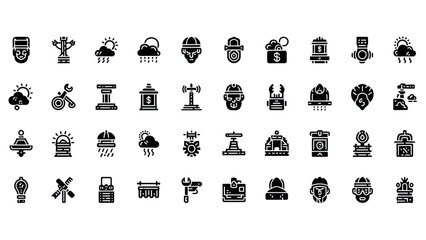 Construction worker icons set. Safety helmet, tools, weather, money, industry symbols.