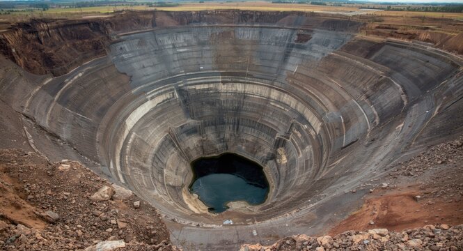 Panoramic aerial view of a deep and broad copper mine pit