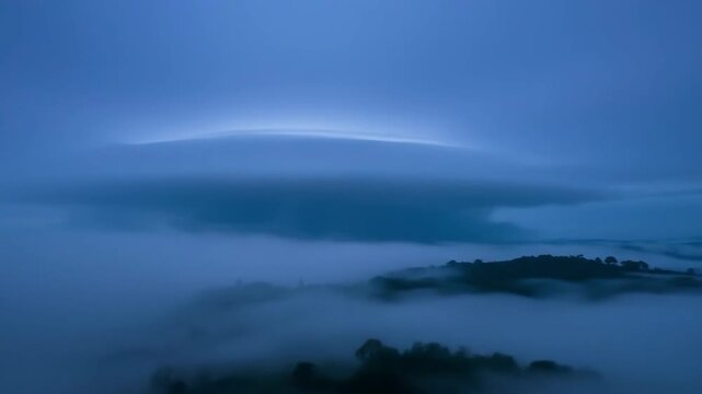 Dramatic storm clouds with lightning flashes over misty landscape