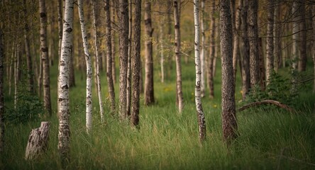 Peaceful woodland vista featuring birch trees, lush grass, and natural wooden trunks