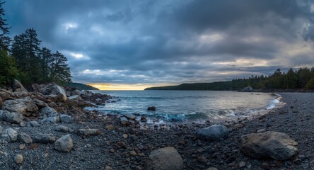 Moody sky over a rocky shore at a secluded beach