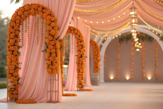 Luxurious Indian wedding mandap decoration background with orange marigold flowers, pink drapery, and empty copy space