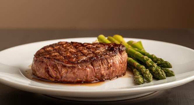 Flame grilled tomahawk steak at medium rare temperature served with asparagus