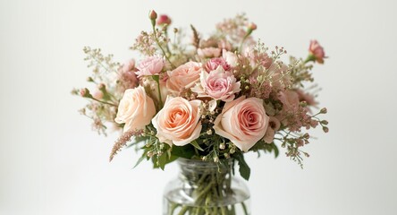 Obraz premium Warm toned spring flower arrangement with pink roses, wildflowers, and carnations in a clear vase on a white backdrop