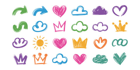 Obraz premium Colorful hand drawn of hearts crowns clouds and arrows on white background
