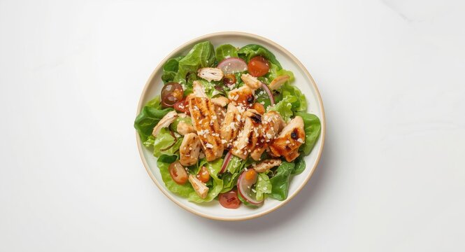 Top angle photograph of a Caesar salad with tender grilled chicken, crunchy romaine, and sprinkled Parmesan on a white surface