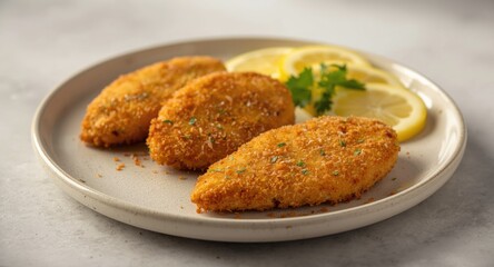 Spanish style parmesan breaded chicken fillets paired with lemon slices for a delicious meal