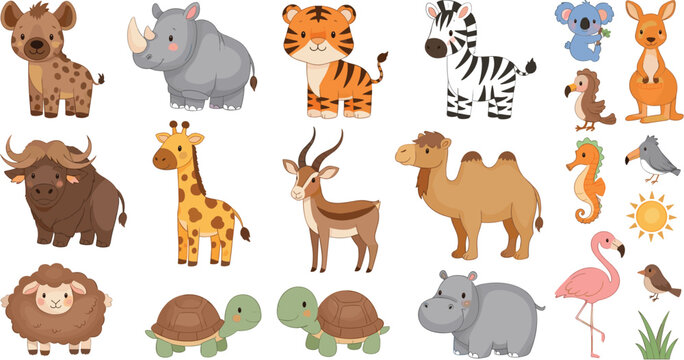 Cute cartoon wild animal head and character set featuring lion tiger hippo flamingo crocodile and exotic parrots isolated on white background.