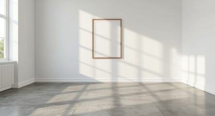Fototapeta premium Scandinavian living room design with raw concrete floor and sunlit white wall frame mock up