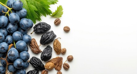 Obraz premium Selection of blue grapes and dried prunes with leafy elements on a white backdrop with copy space