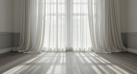 Fototapeta premium Room interior with tall window covered in white curtains casting soft natural light on grey wood floor