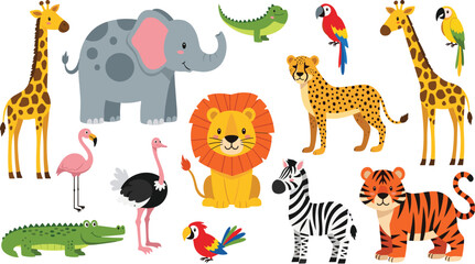 Big collection of cute cartoon wild animals featuring elephant lion tiger giraffe zebra crocodile cheetah and ostrich isolated on white background. © Hossain