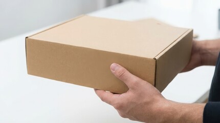 A human hand presenting a pristine brown mailer box