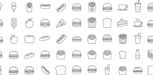 Fast food outline icons set featuring burgers, fries, pizza slices, bread, hot dogs, desserts, and beverage symbols in editable stroke line style