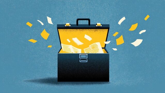 An open briefcase bursting with papers flying out. Concept Open Briefcase, Flying Papers, Office Chaos, Paper Storm, Dynamic Business Scene
