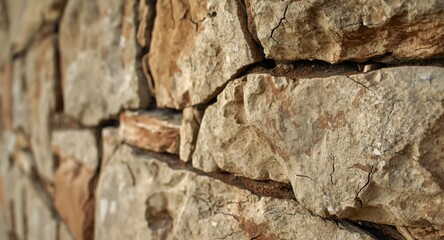 Fototapeta premium Close look at a beige stone wall mixing composite and wooden materials with pronounced cracks and fault line outcrops