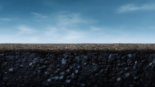 Cross section of dark earth and asphalt under a clear blue sky with clouds