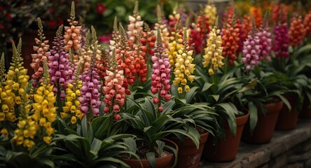 Varied potted Snapdragon flowers creating a colorful garden scene