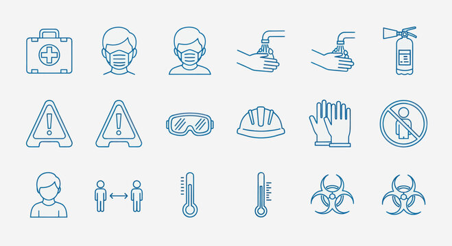 Safety Icons Set: Face Mask, Hand Washing, Social Distancing, First Aid