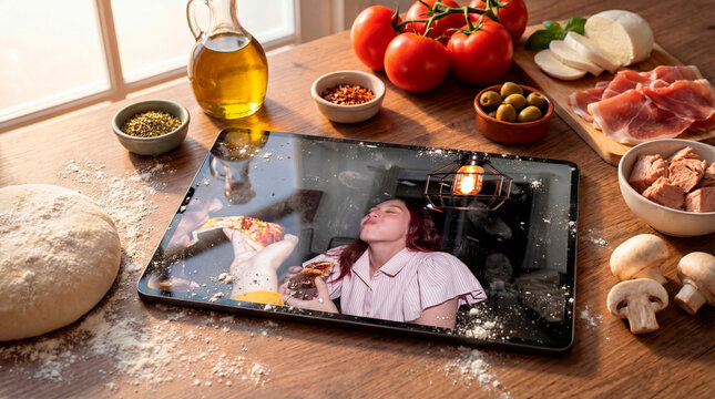 Still life pizza preparation with ingredients and final result on digital tablet during real people ephemeral moment