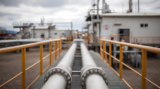 Parallel industrial pipelines extend along a metal walkway with yellow railings leading towards a processing facility under an overcast sky