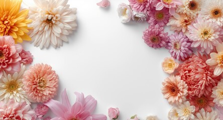 Obraz premium Multi shade flowers positioned on a spotless white background emphasizing copy space