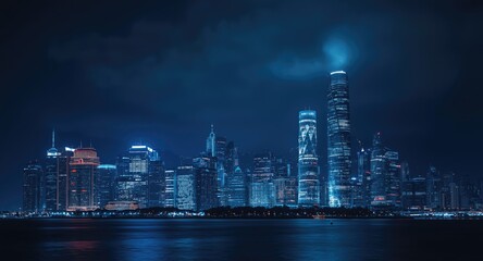 Naklejka premium Panorama of shining office towers and modern commercial skyscrapers at nighttime