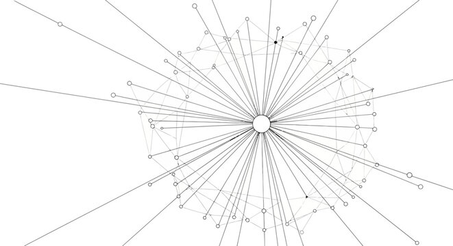 Complex network diagram with central node and radiating lines.