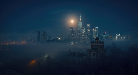Fototapeta premium moonlit architectural panorama with fog and a cold smoky night ambiance