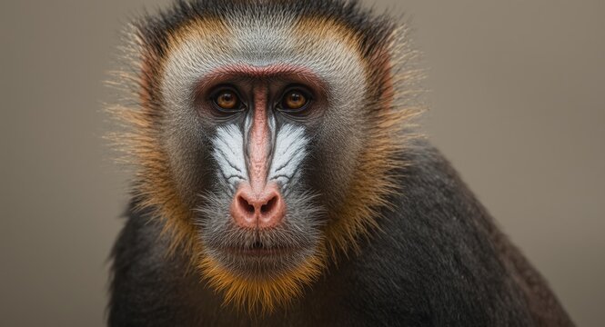 Mandrillus sphinx monkey face close-up with detailed color contrasts and texture