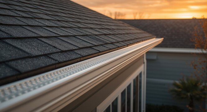 White framed gutter guard system with gray vinyl siding fascia and drip edge on luxury home roof sunset