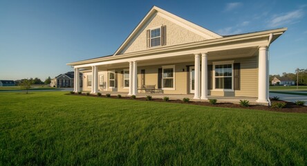 Obraz premium Fresh exterior scene of a new residence featuring a covered porch and thick green grass on a sunny day