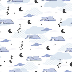 Dreamland Cute Sleeping Bear Seamless Pattern. Ideal for sleep-related designs, cozy dream-inspired artwork, and animal lovers. Perfect for baby products, nursery decor, etc © F-lin