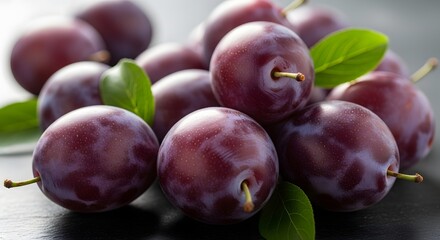 Obraz premium A close-up photograph showcases a cluster of fresh, dark purple European plums with small green leaves attached.