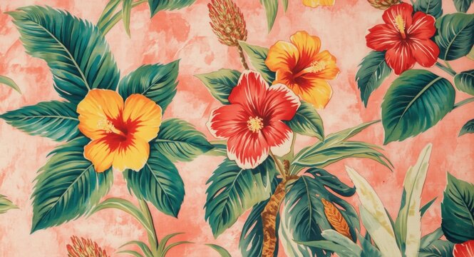 Vintage Hawaiian barkcloth with tropical island motifs on soft pink textile