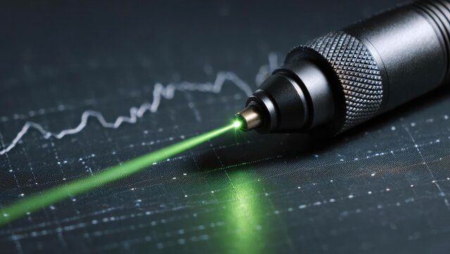 Close-up of a black laser pointer emitting a bright green beam onto a dark grid-like surface with a white line chart. Concept Close-up laser pointer, bright green beam, black device