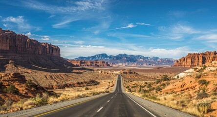 Fototapeta premium Scenic desert highway surrounded by rugged rock formations under clear sky