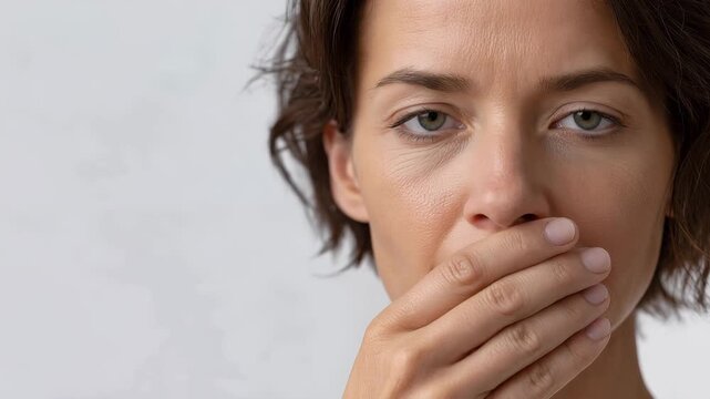 Woman covering mouth with hand suppressing emotion indoors