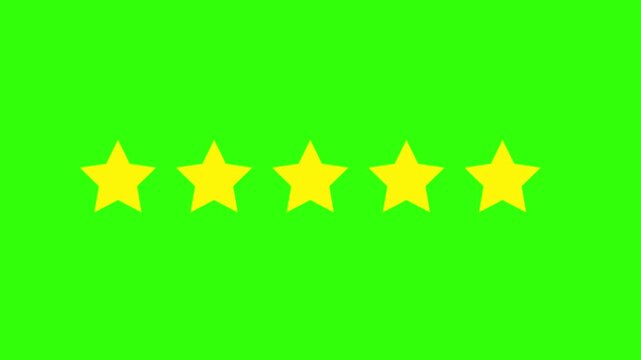 A horizontal row of five bright yellow stars animation on solid green chroma key background. The flat, minimalist design represents a perfect customer review score or quality ranking