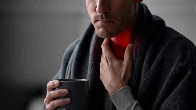 Man suffering from sore throat holding neck and holding hot tea
