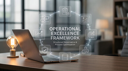 Laptop on Desk Displaying Operational Excellence Framework Digital Interface
