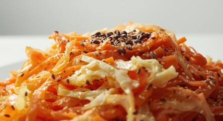 Raw cabbage and carrot salad with seeds sprinkle in a studio photograph