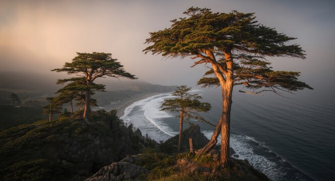 Elevated cedar trees on rocky escarpment overlooking misty ocean