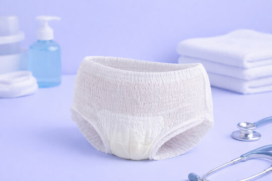 Adult disposable diaper with medical supplies on light background