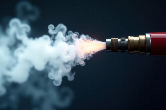 Close-up of gas fire suppression system nozzle discharging, industrial safety, system, technology
