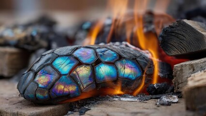 Rainbow-colored turtle shell burning in a campfire. Concept Rainbow shell-inspired campfire art, Night photography with iridescent shell motifs, Campfire hues and rainbow tones