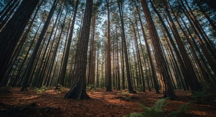 Lofty pine trees creating a dense forest environment